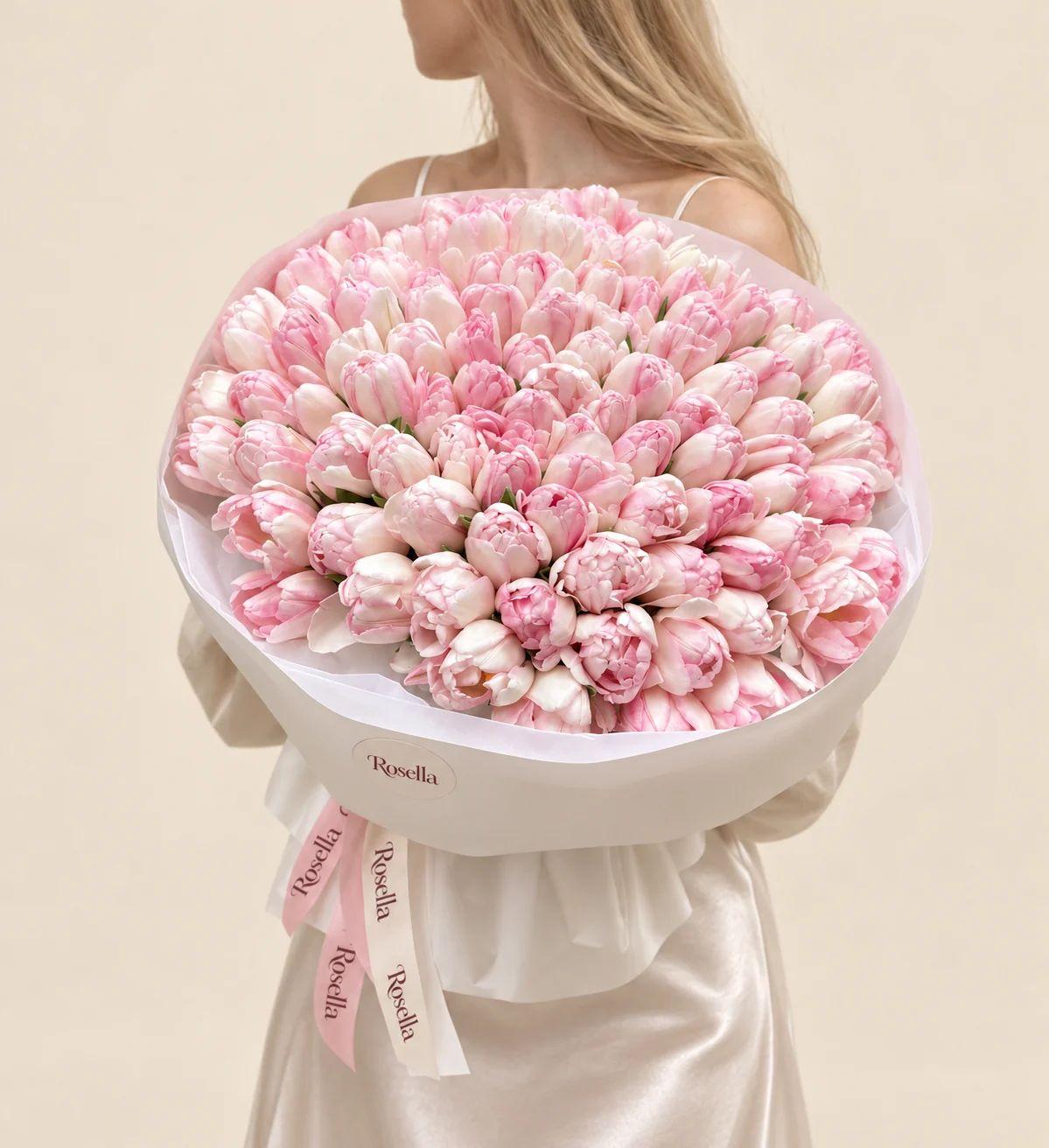 110 tulips in a hand-tied bouquet