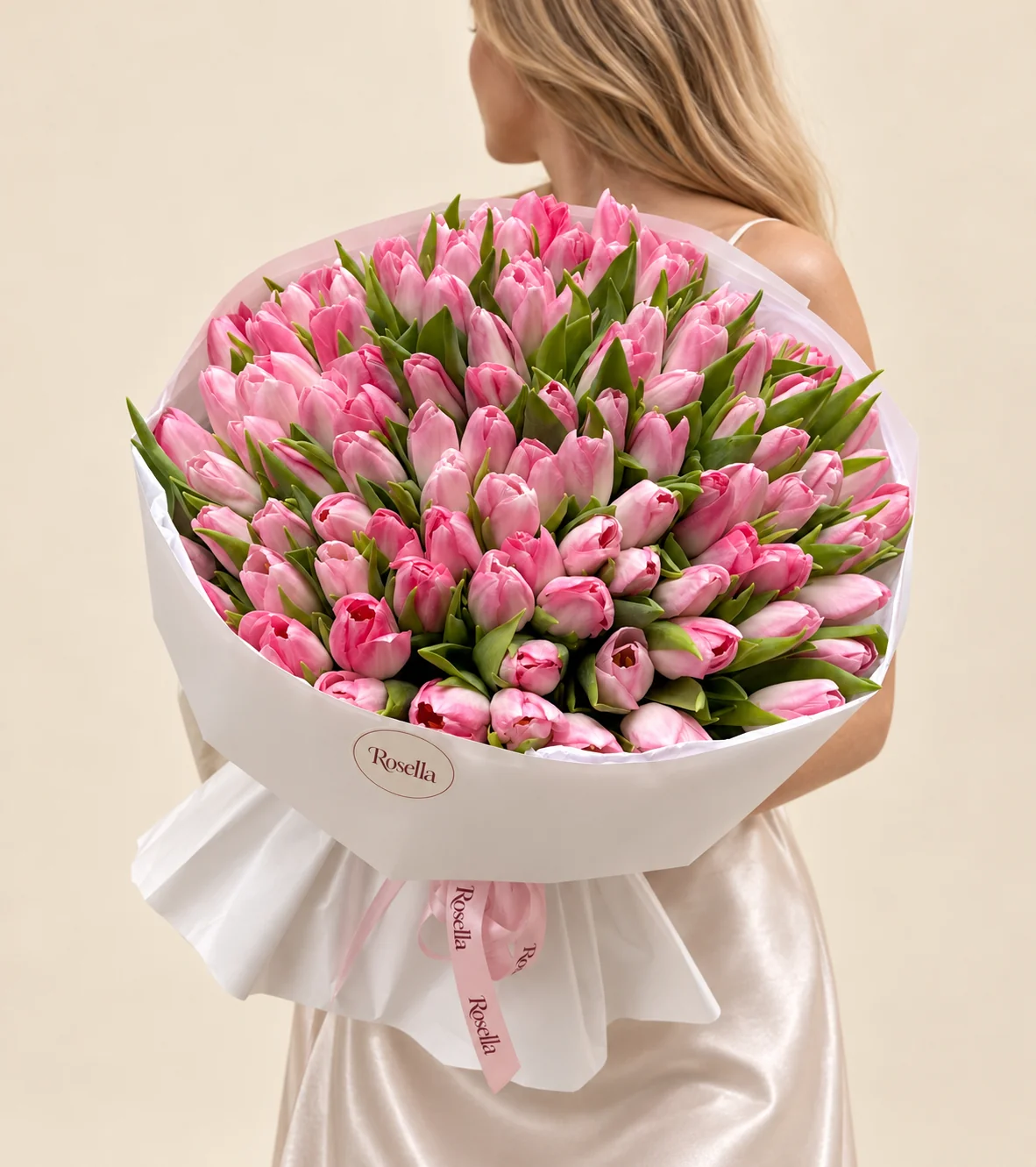 110 tulips in a hand-tied bouquet