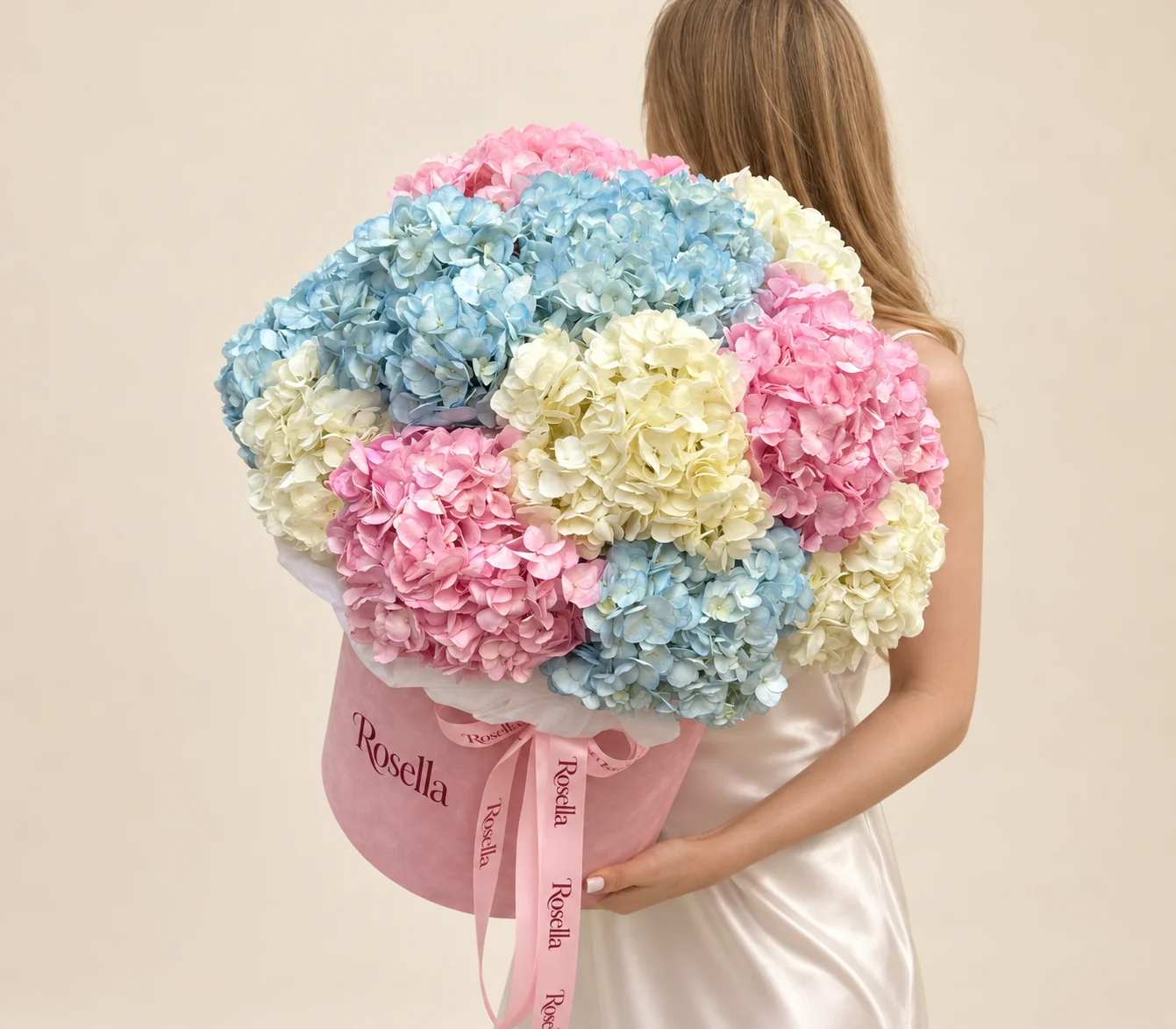 7 blue hydrangeas, 5 pink hydrangeas & 5 white hydrangeas in a hand-tied bouquet
