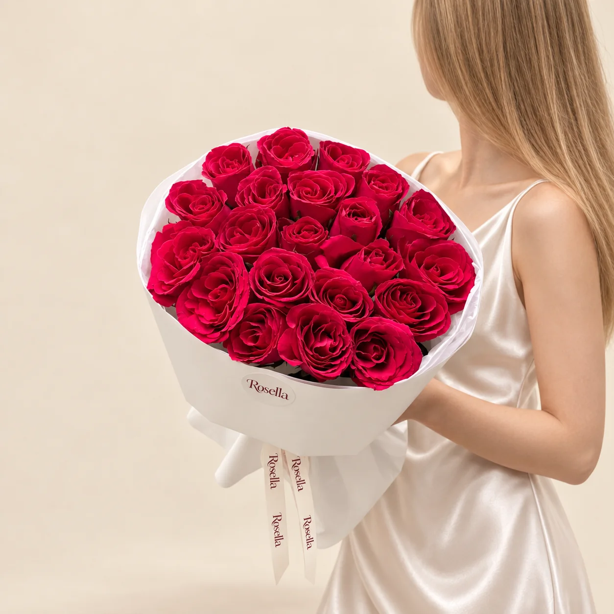 21 roses in a hand-tied bouquet