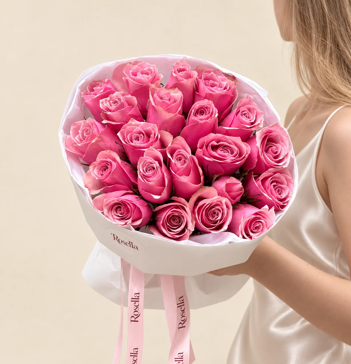 23 roses in a hand-tied bouquet