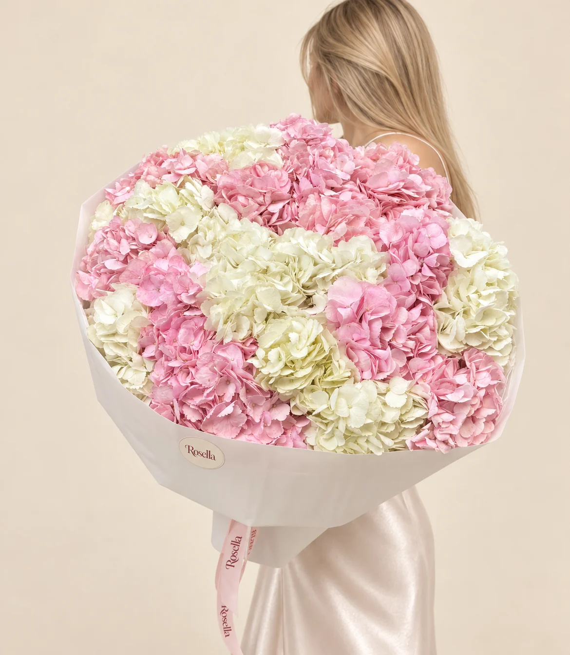 14 pink hydrangeas & 10 ivory hydrangeas in a hand-tied bouquet