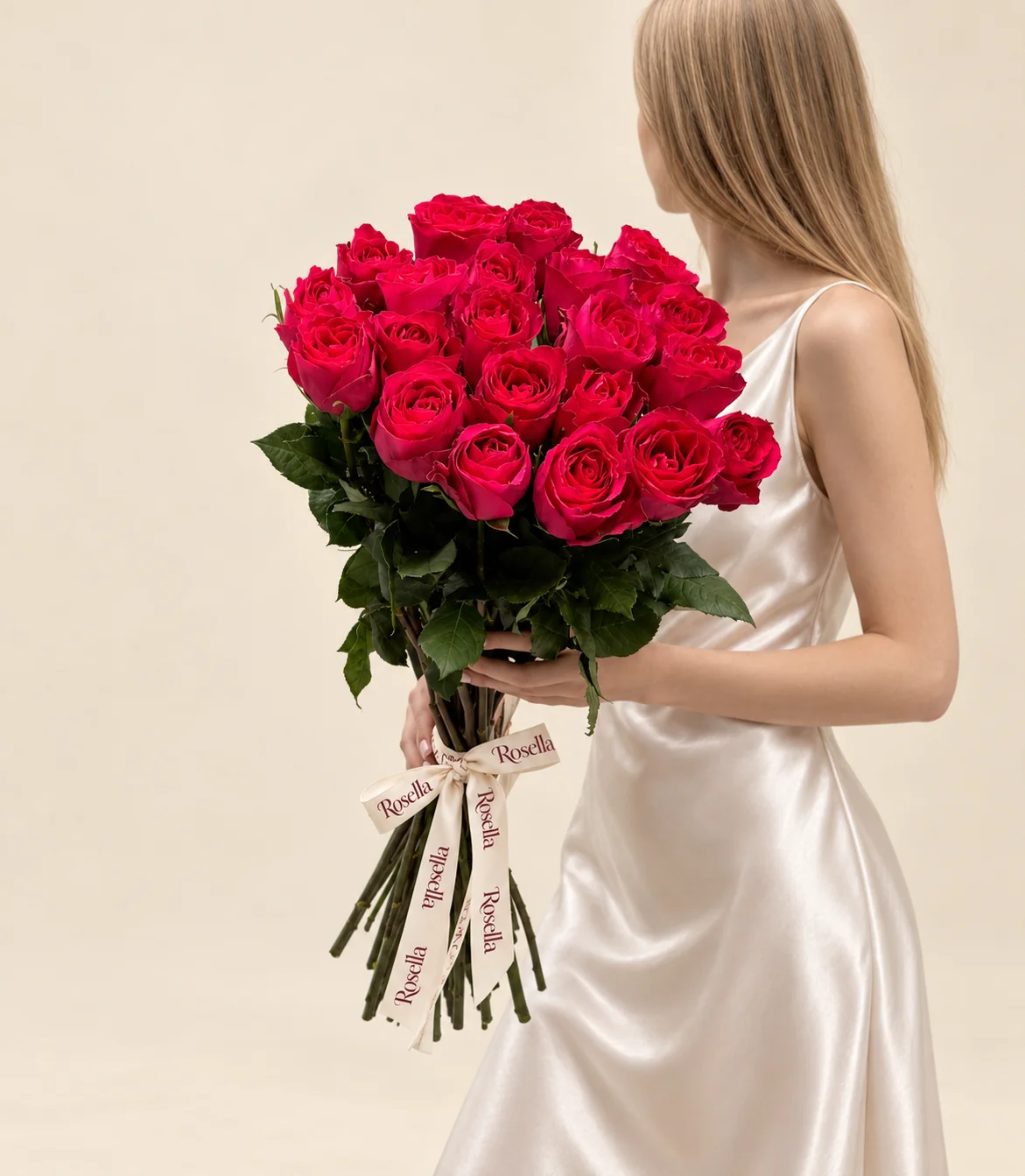 25 roses in a hand-tied bouquet