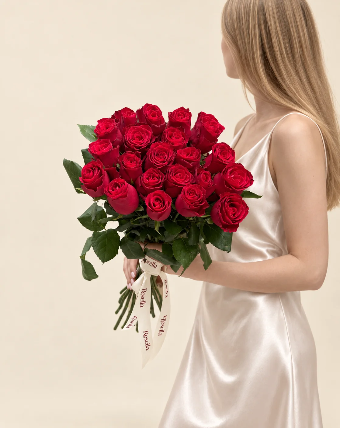 25 roses in a hand-tied bouquet