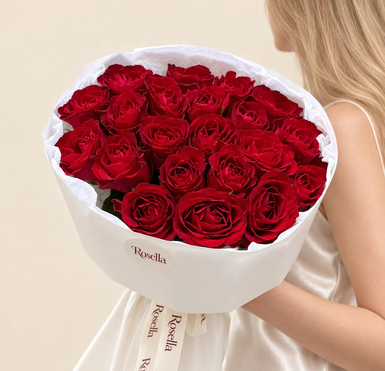 25 roses in a hand-tied bouquet