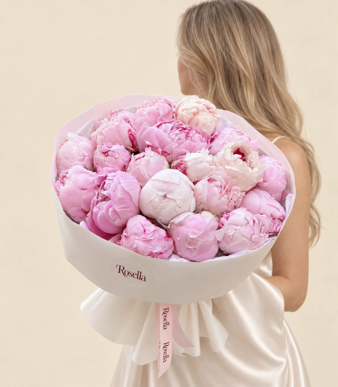 20 pink peonies & 5 ivory peonies in a hand-tied bouquet