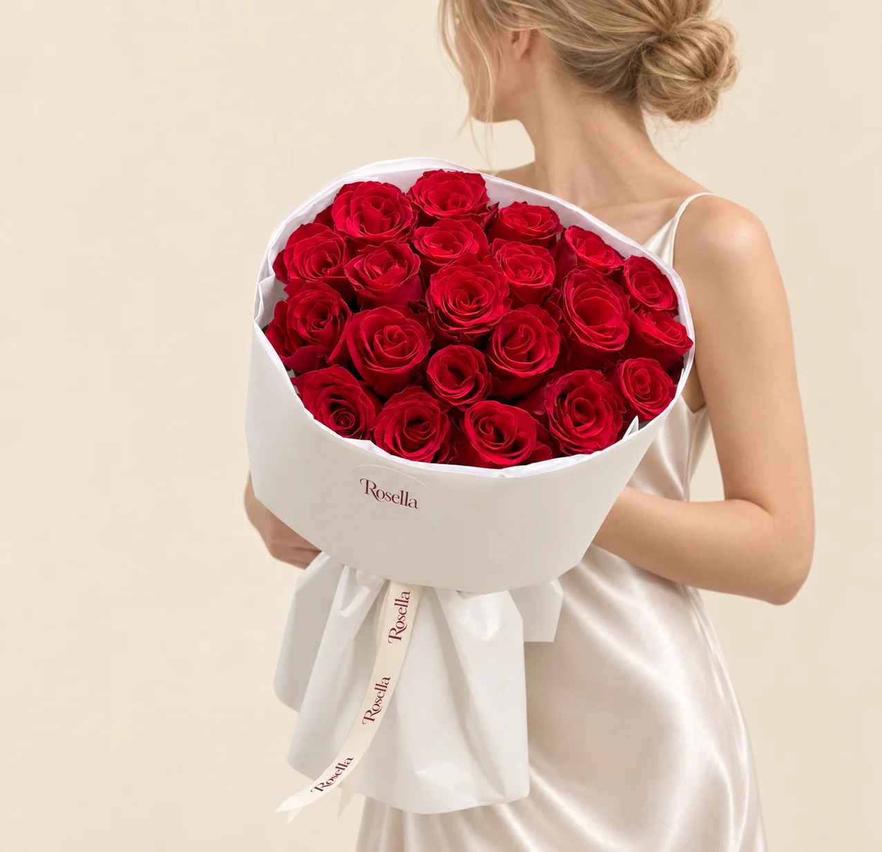25 roses in a hand-tied bouquet
