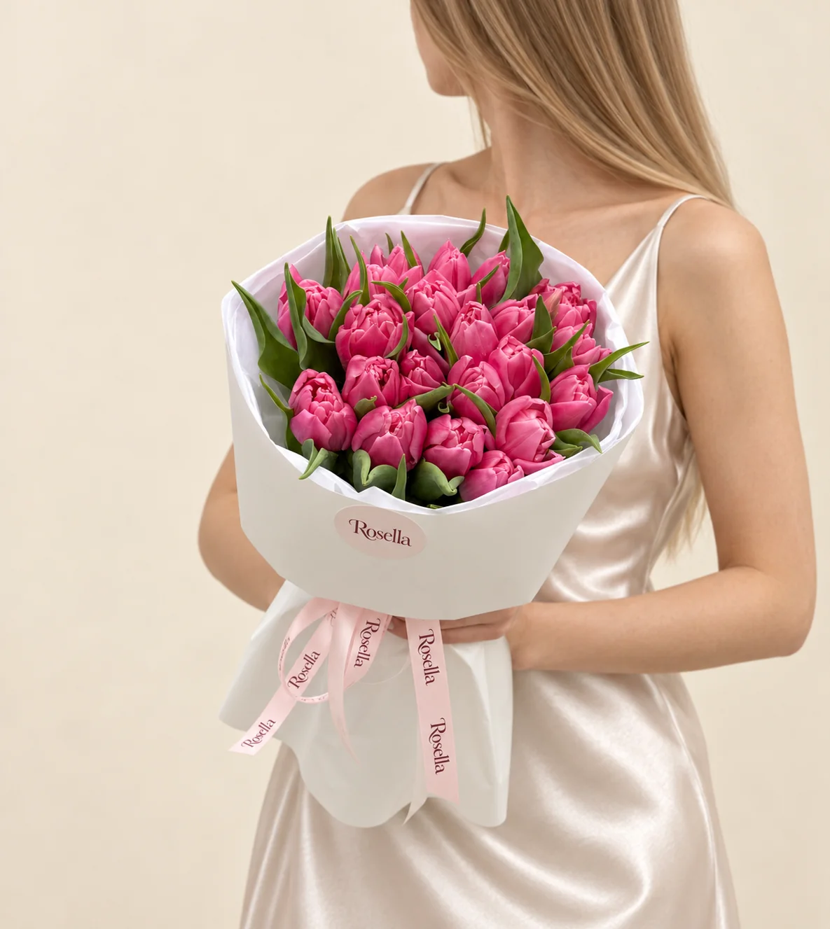 28 tulips in a hand-tied bouquet