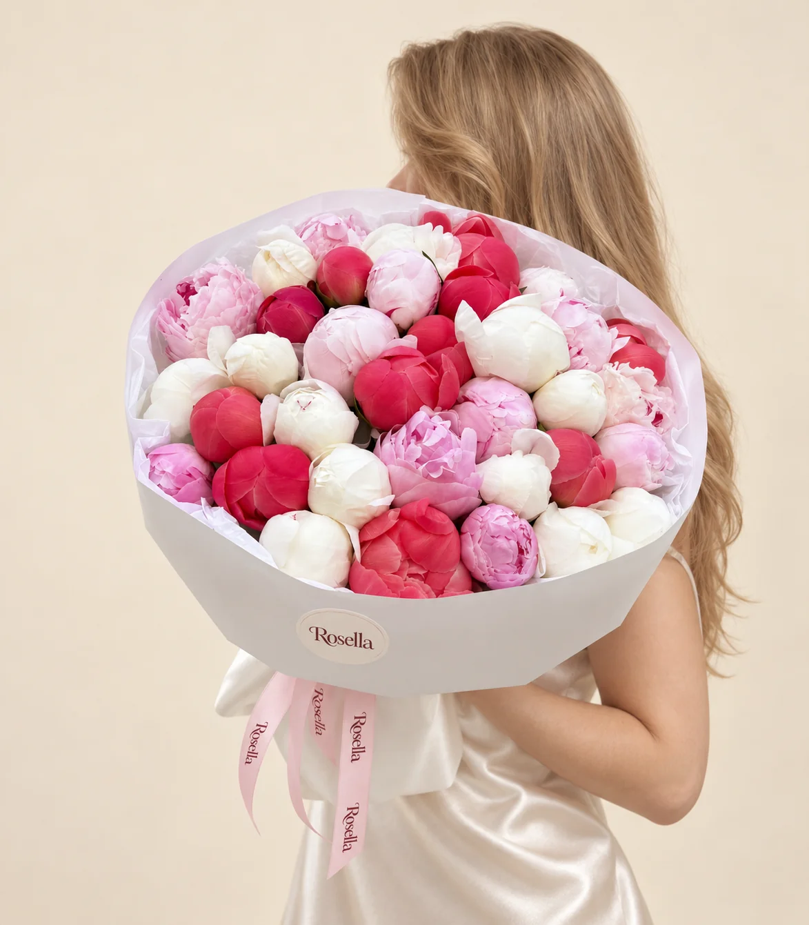 15 white peonies, 13 pink peonies & 13 coral peonies in a hand-tied bouquet