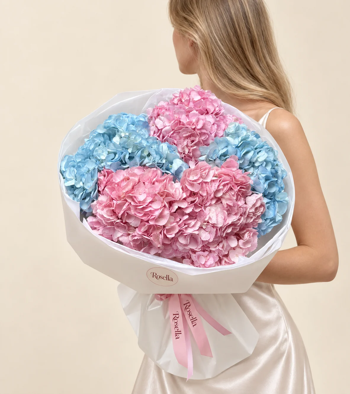 3 pink hydrangeas & 2 blue hydrangeas in a hand-tied bouquet