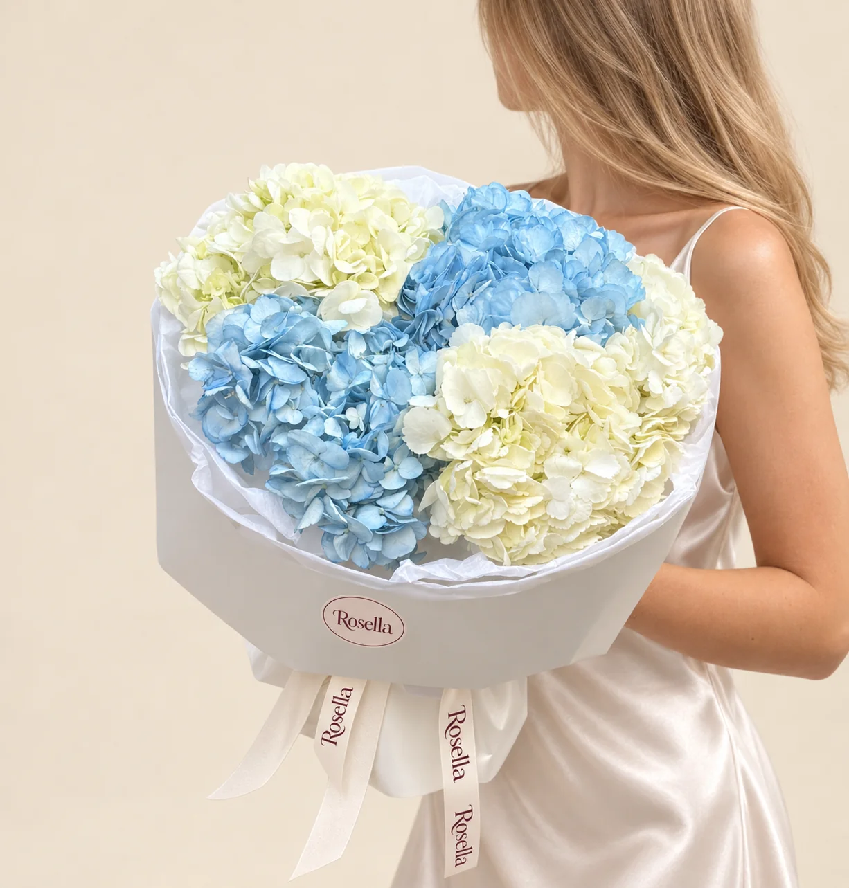 3 white hydrangeas & 2 blue hydrangeas in a hand-tied bouquet