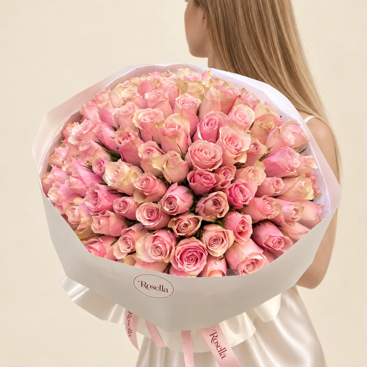 85 roses in a hand-tied bouquet