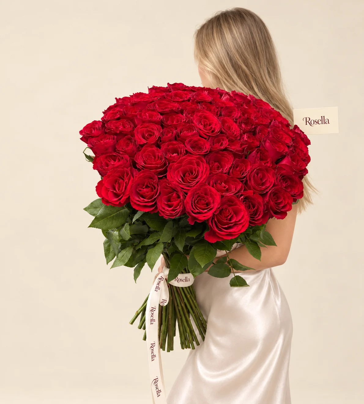 85 roses in a hand-tied bouquet
