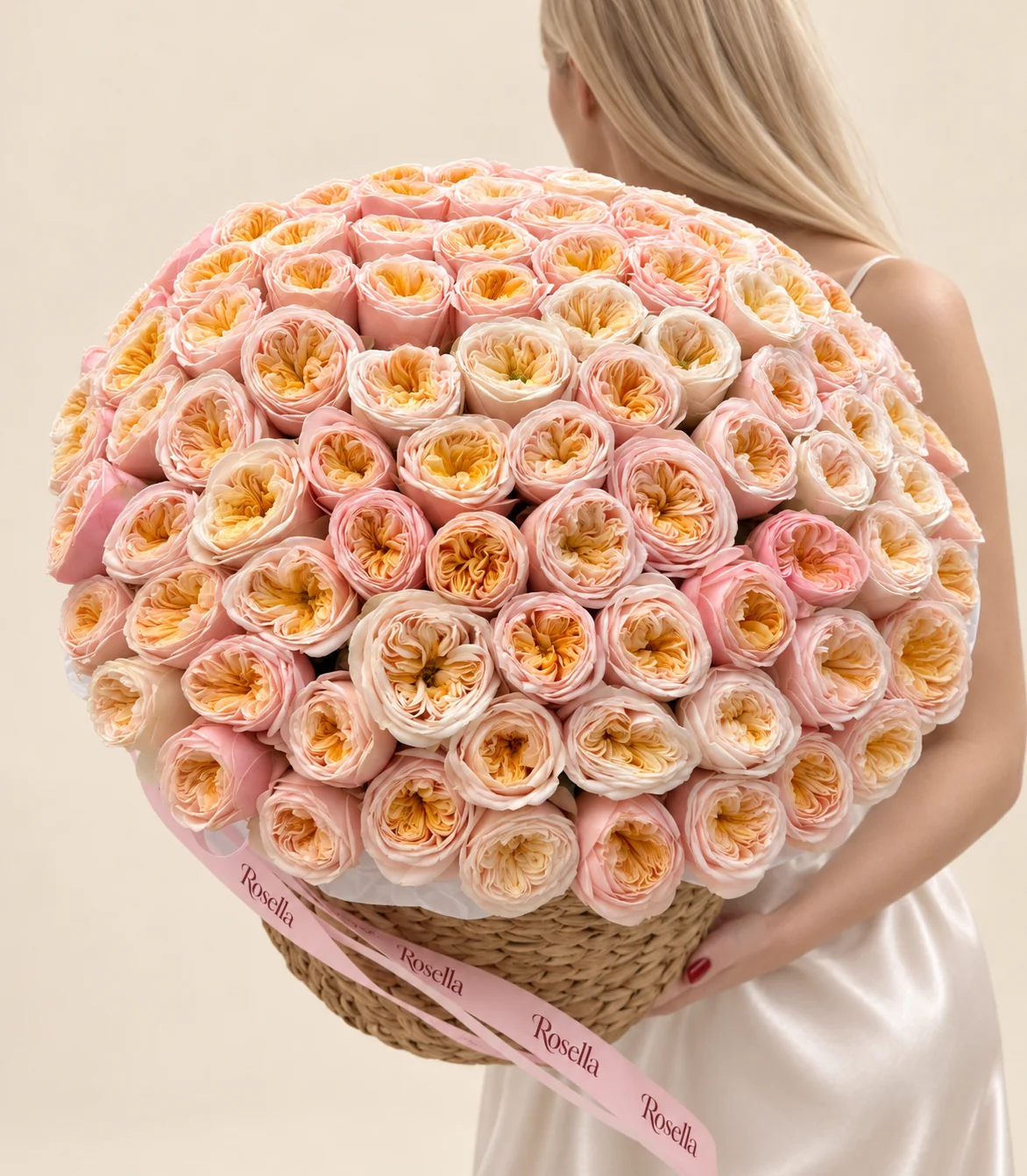 100 garden roses in a basket