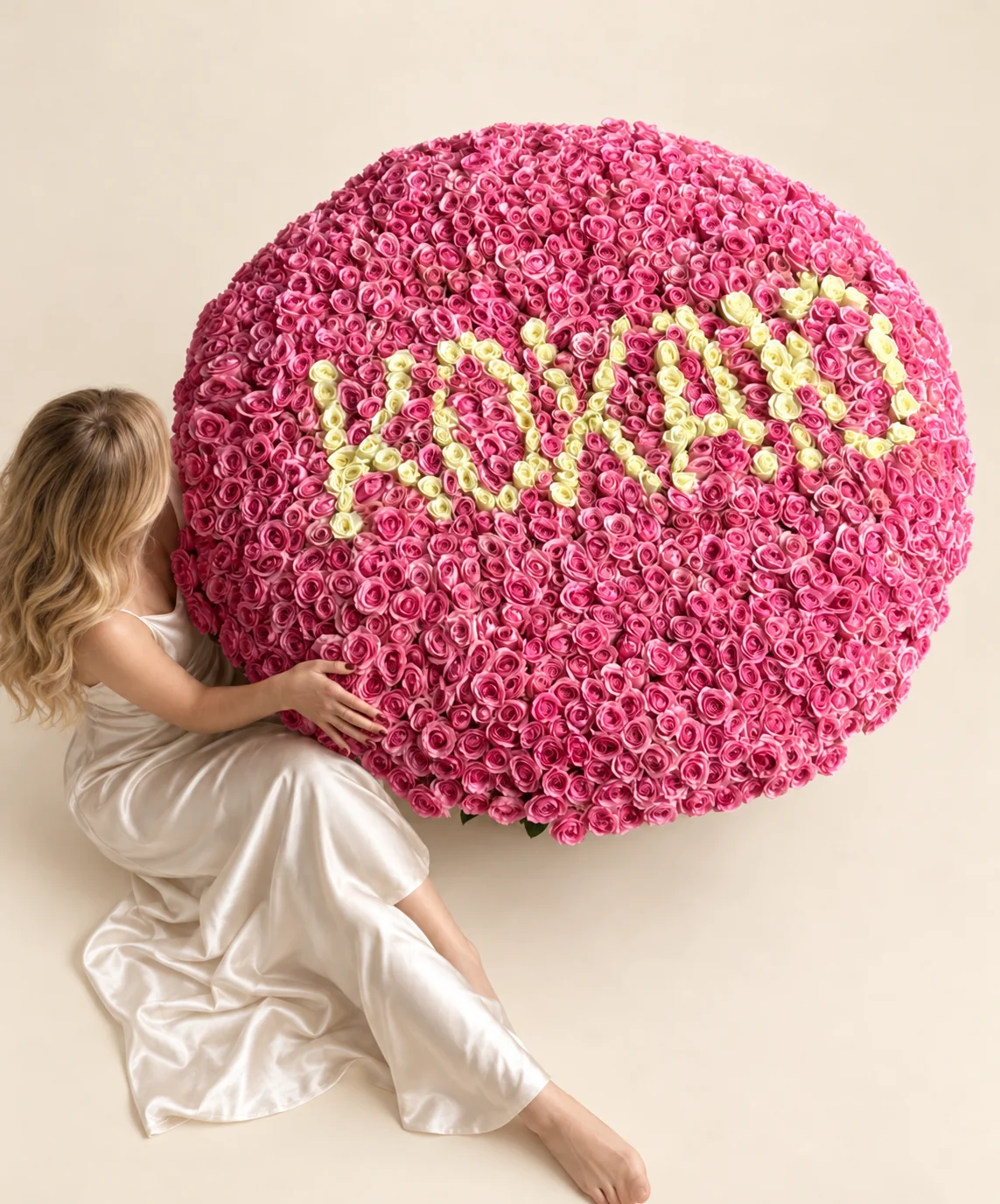 950 pink roses & 100 cream roses in a basket