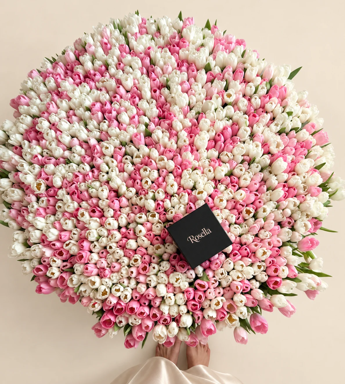 600 white tulips & 500 pink tulips in a basket