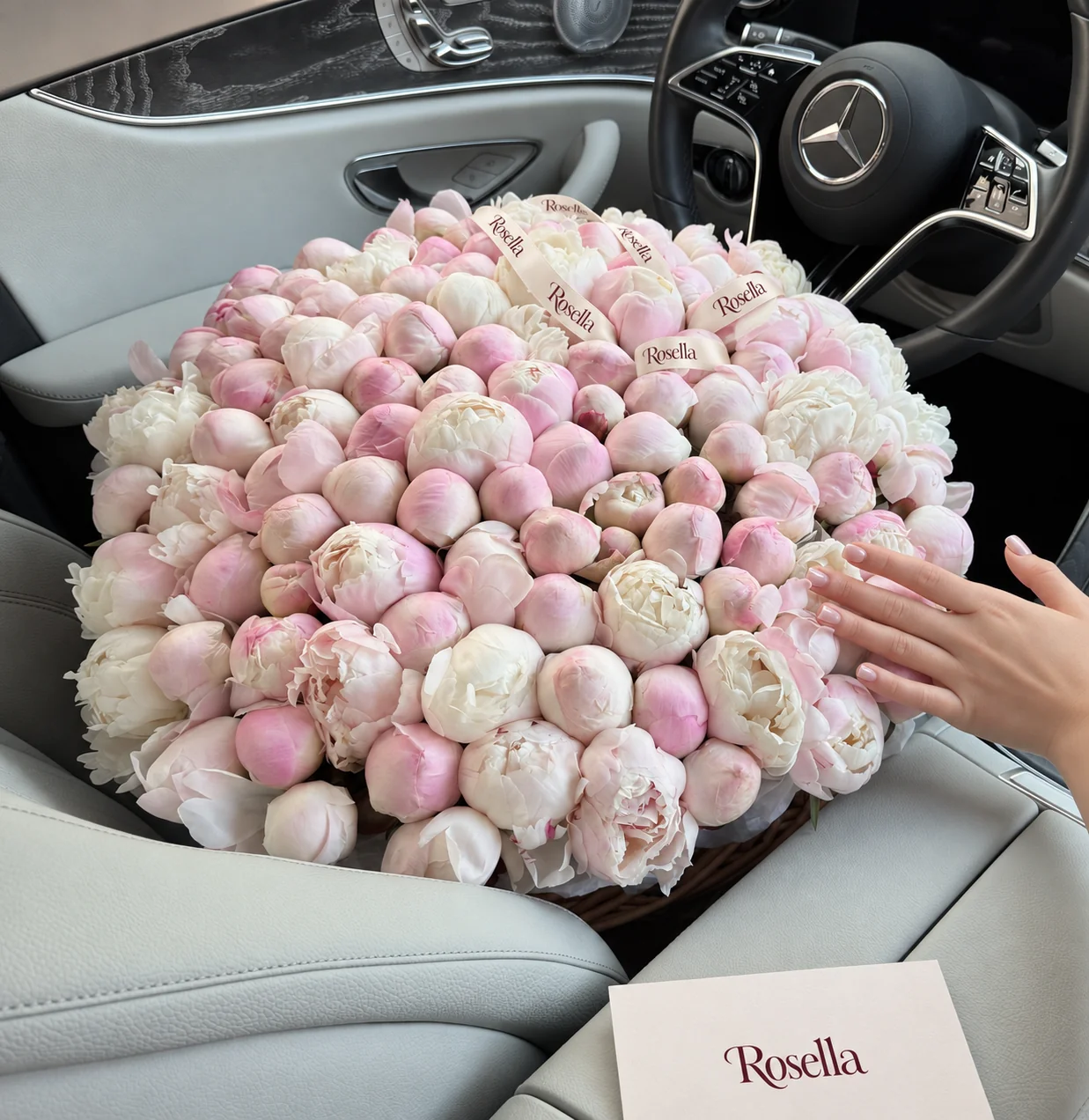 90 blush peonies & 30 white peonies in a basket