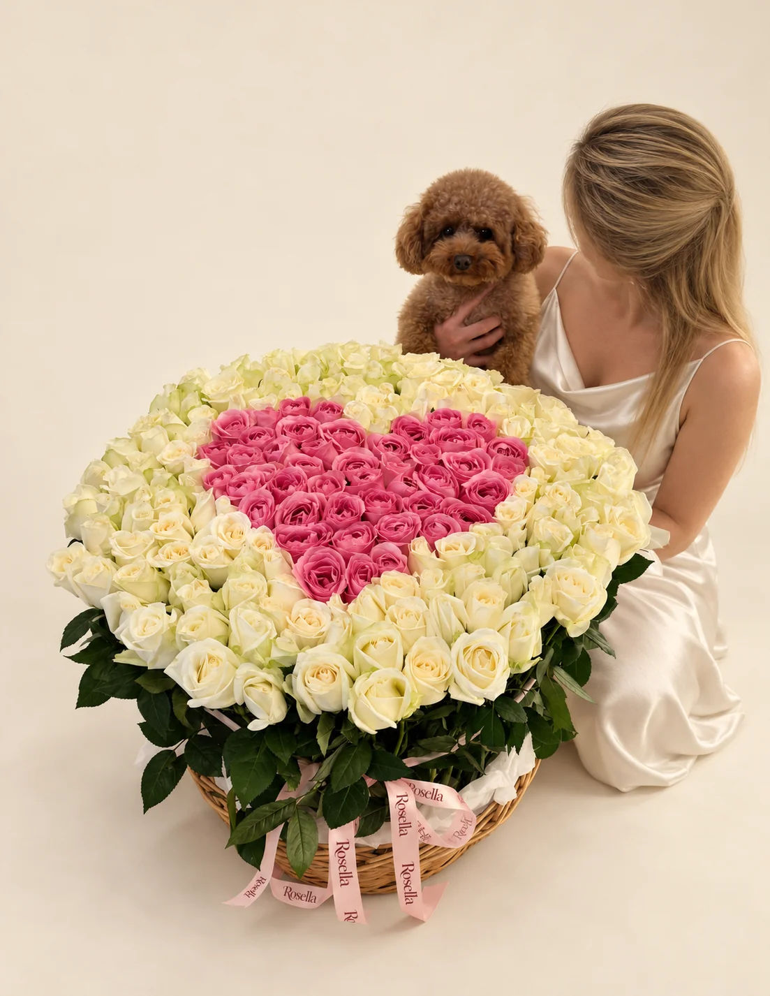 125 ivory roses & 50 pink roses in a basket