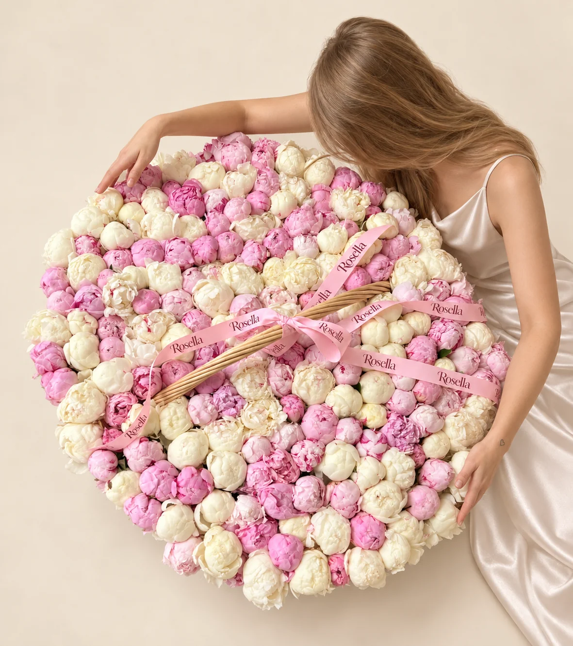 135 pink peonies & 105 ivory peonies in a basket