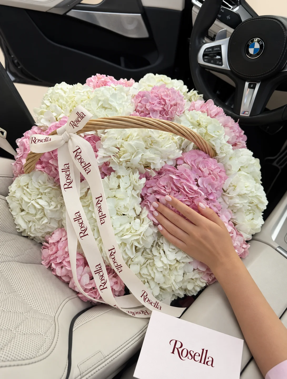 14 white hydrangeas & 12 pink hydrangeas in a basket