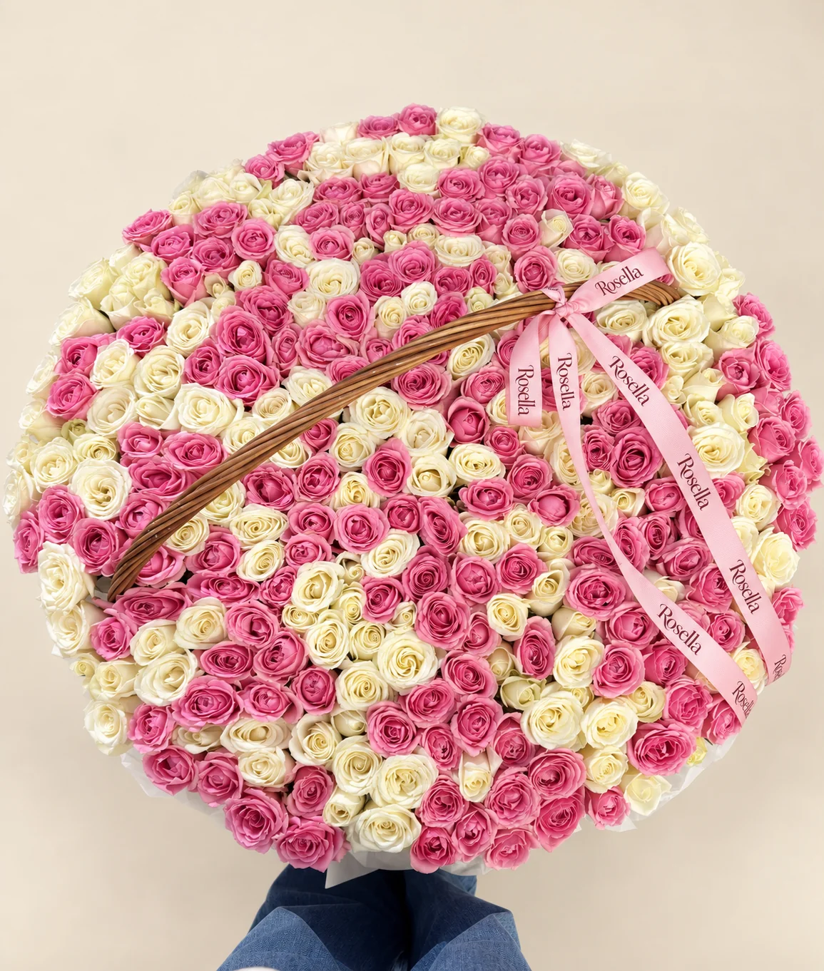 175 pink roses & 155 cream roses in a basket