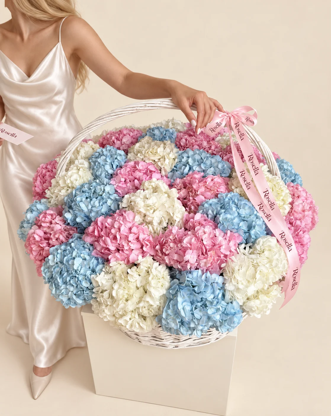13 pink hydrangeas, 11 blue hydrangeas & 10 white hydrangeas in a basket