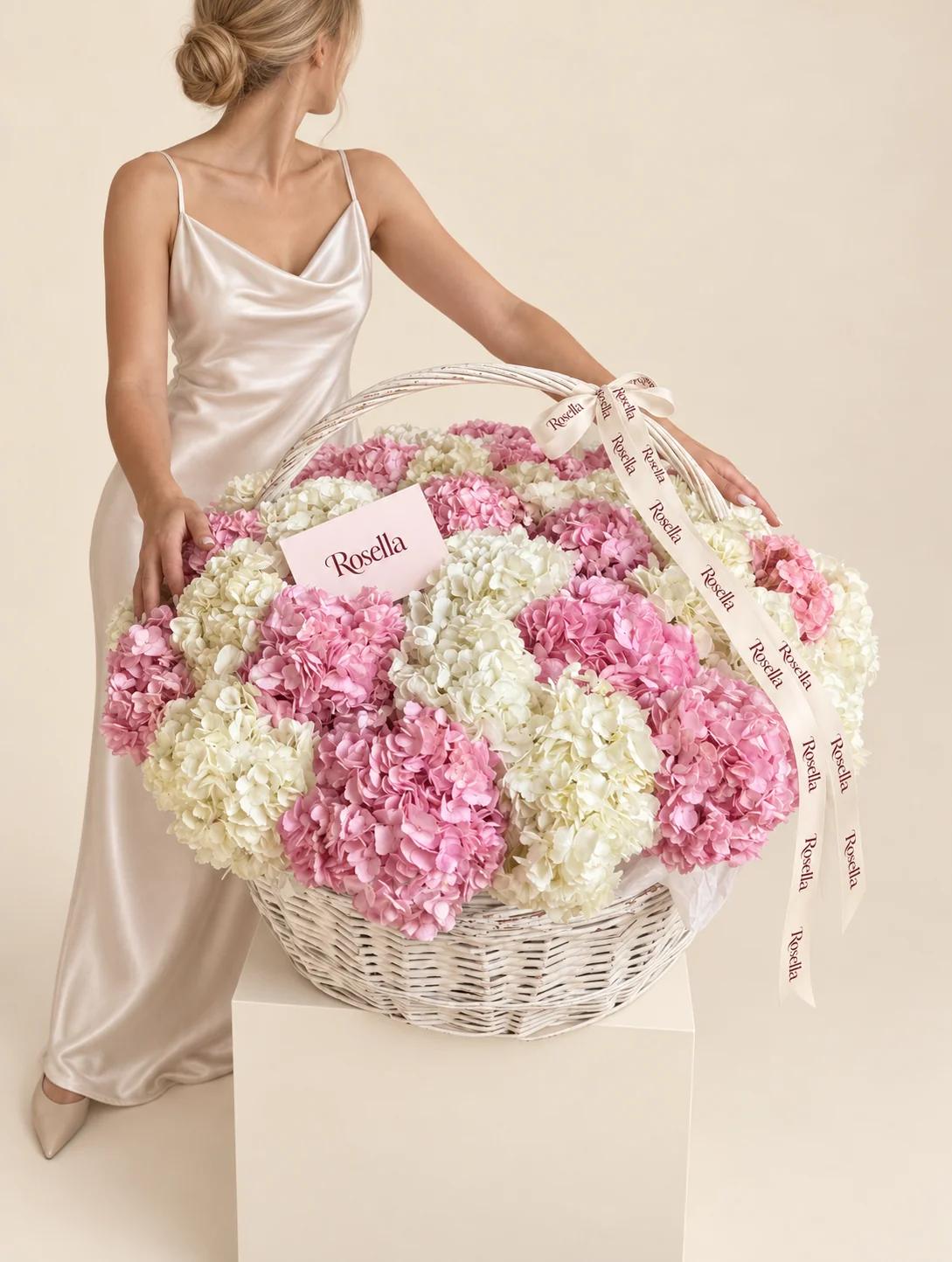 17 white hydrangeas & 17 pink hydrangeas in a basket