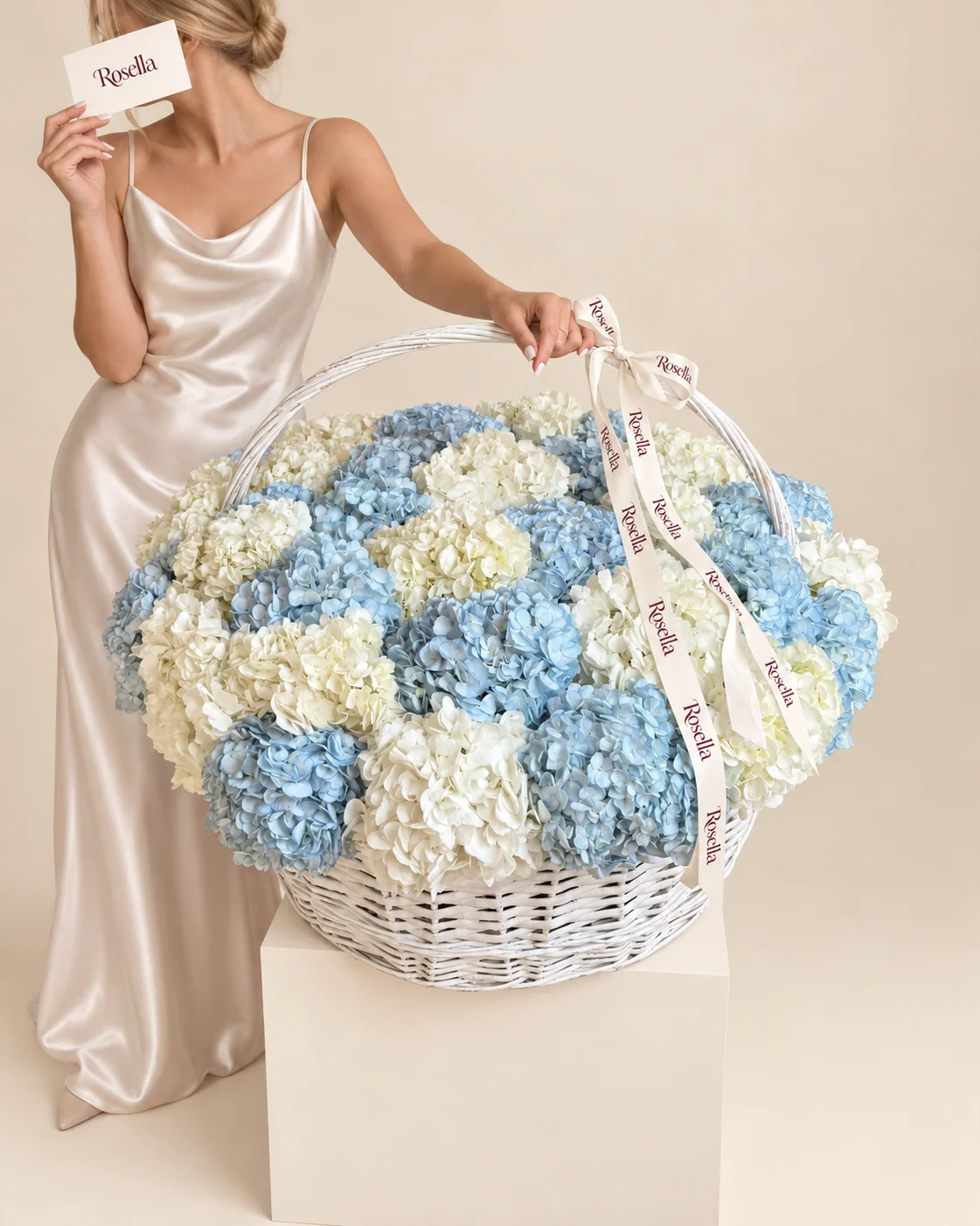 18 white hydrangeas & 17 blue hydrangeas in a basket