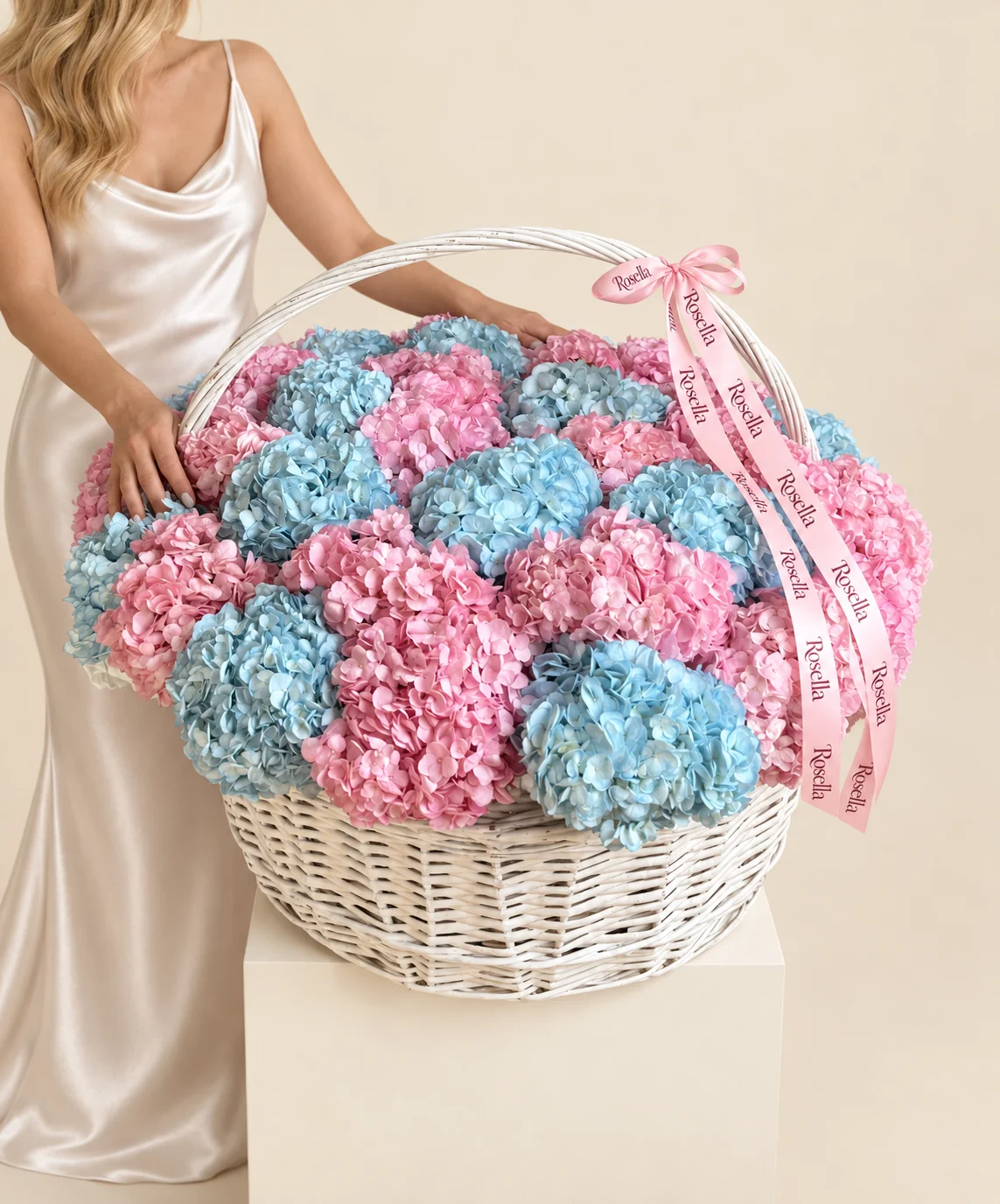 21 pink hydrangeas & 15 blue hydrangeas in a basket
