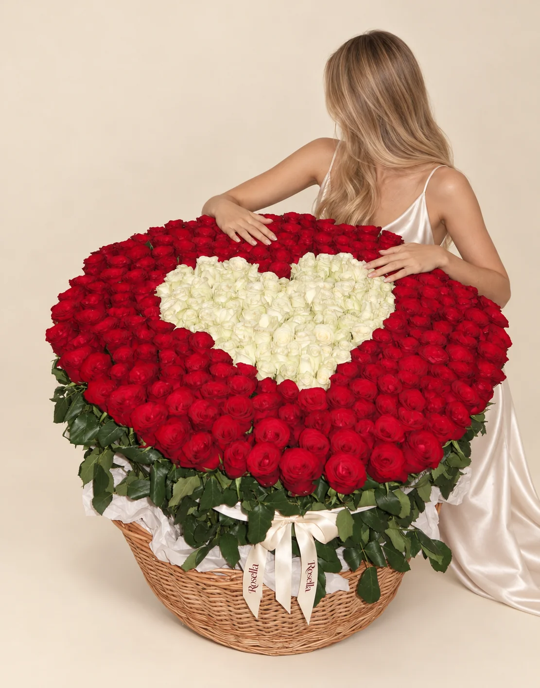 270 red roses & 105 cream roses in a basket