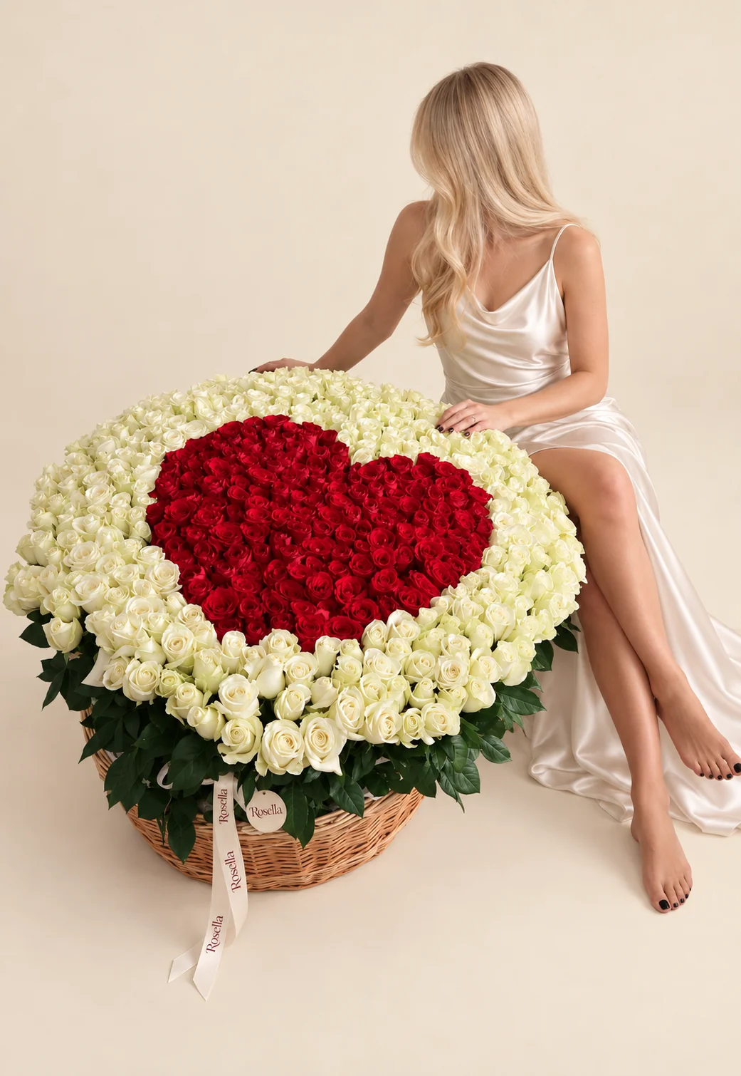 235 ivory roses & 145 red roses in a basket