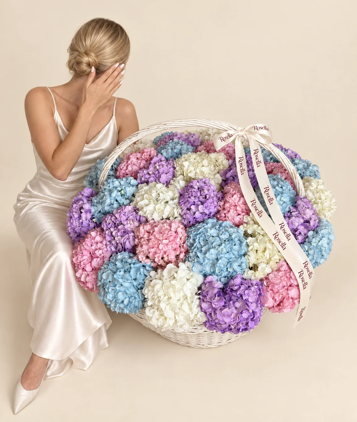 12 blue hydrangeas, 11 lavender hydrangeas, 10 white hydrangeas & 9 pink hydrangeas in a basket