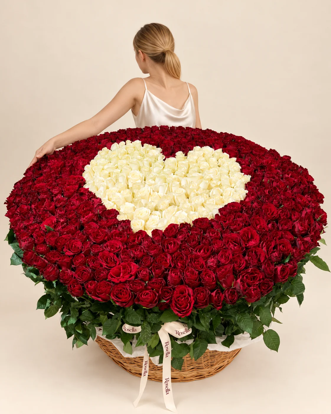 365 red roses & 110 cream roses in a basket