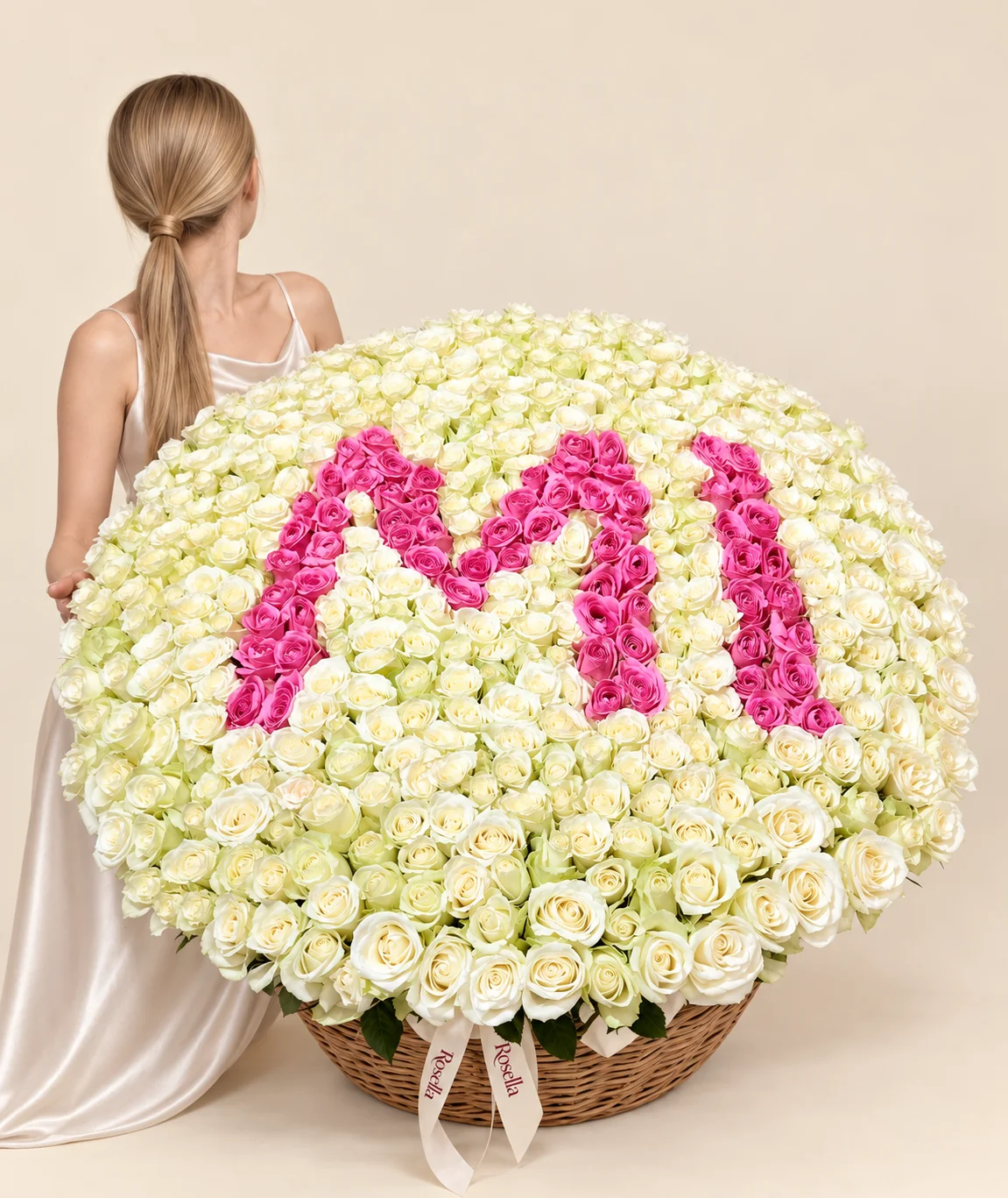 430 ivory roses & 75 pink roses in a basket
