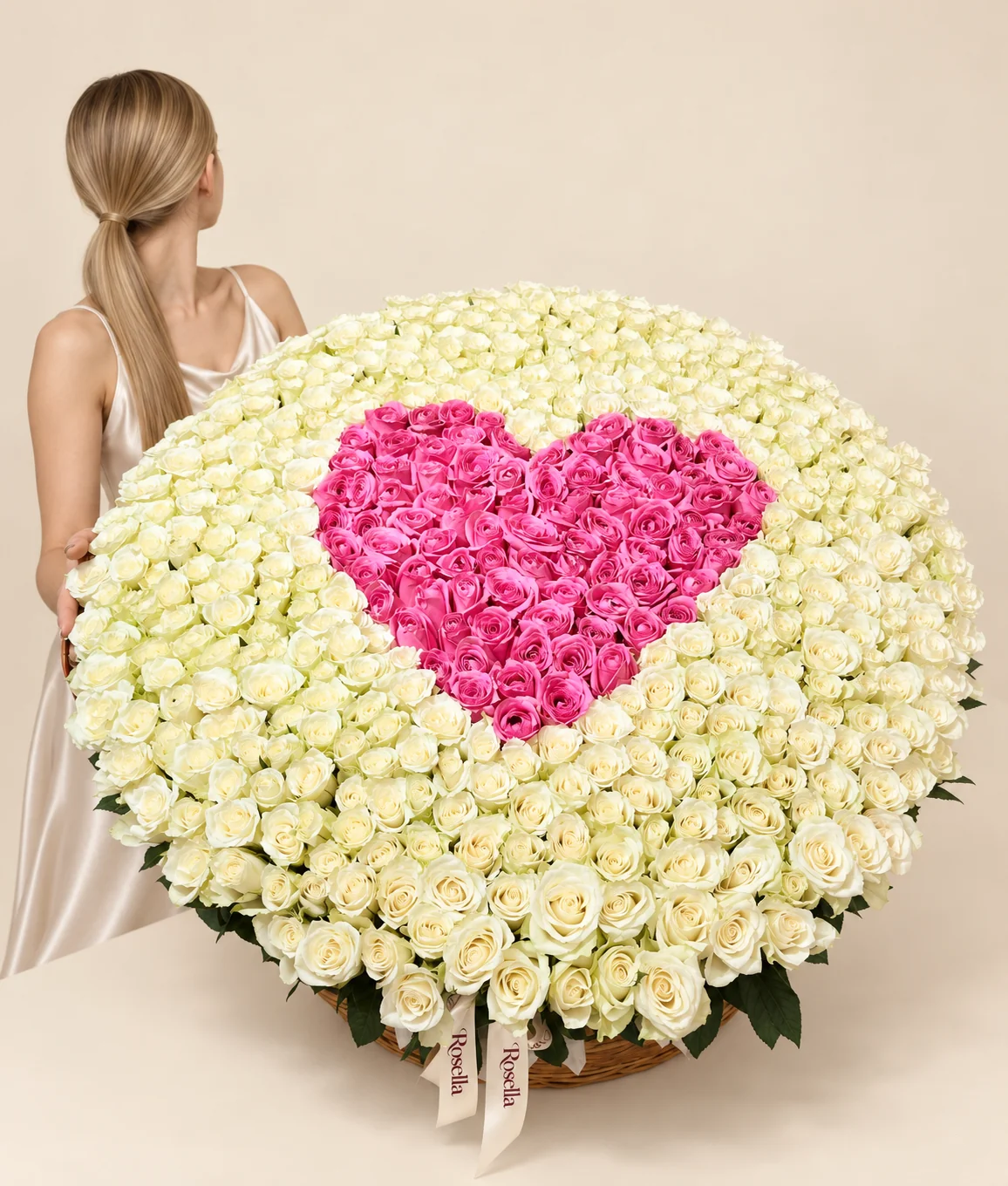 430 ivory roses & 105 pink roses in a basket