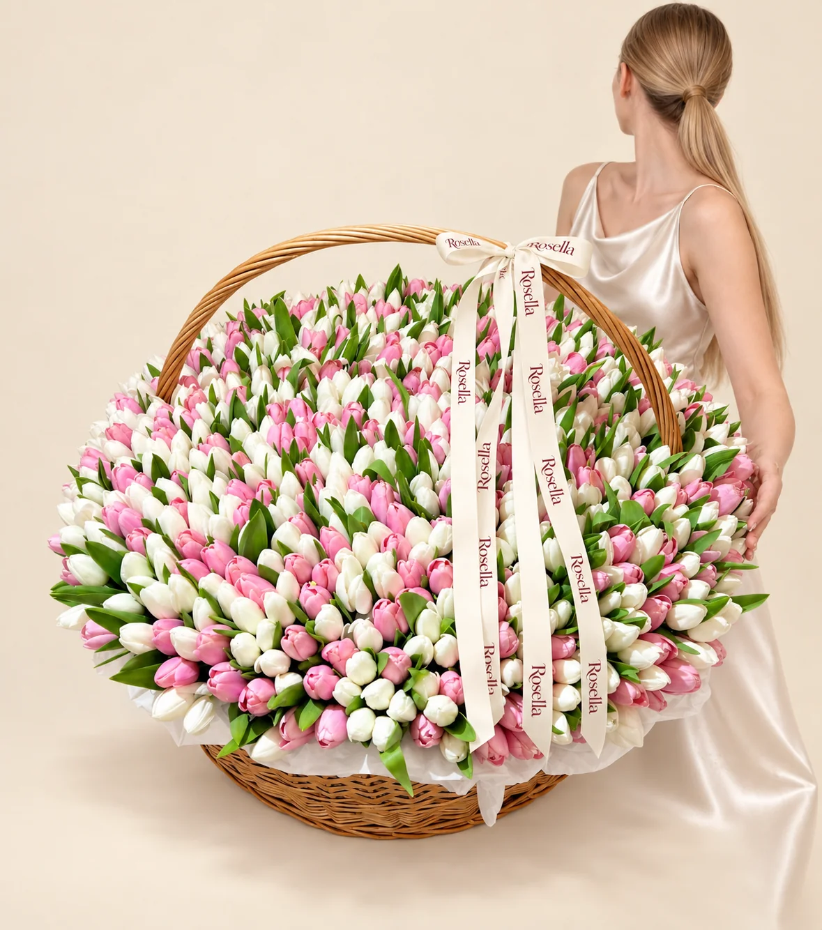 300 white tulips & 235 pink tulips in a basket