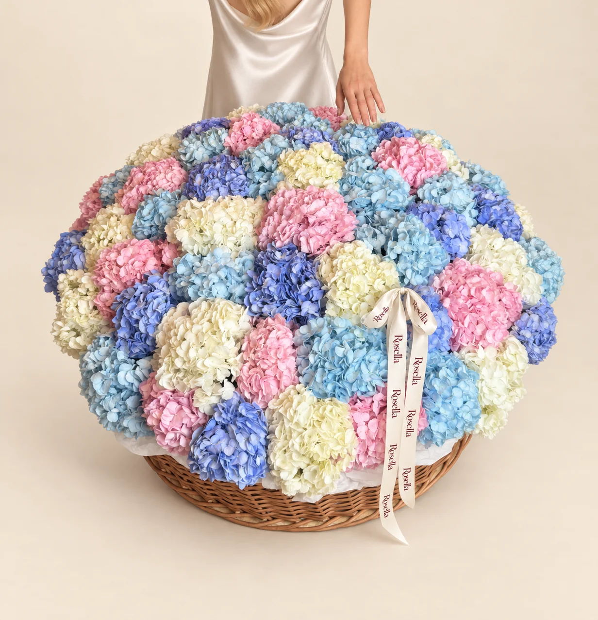 19 blue hydrangeas, 16 cream hydrangeas, 14 lavender hydrangeas & 14 pink hydrangeas in a basket