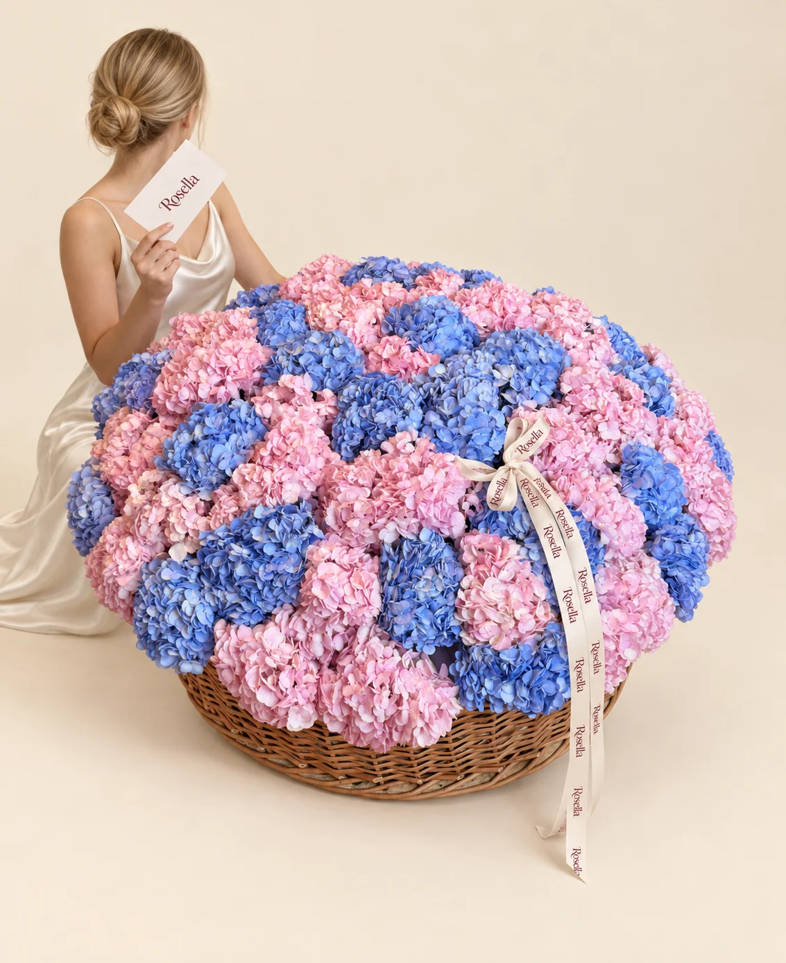36 pink hydrangeas & 30 blue hydrangeas in a basket