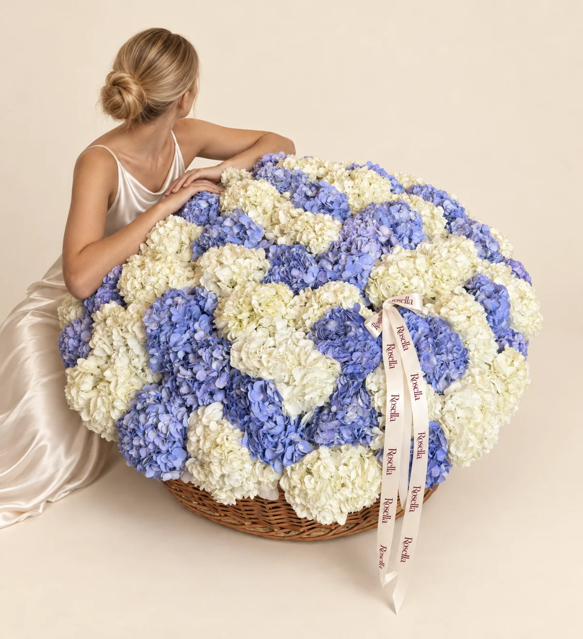 36 white hydrangeas & 34 lilac hydrangeas in a basket