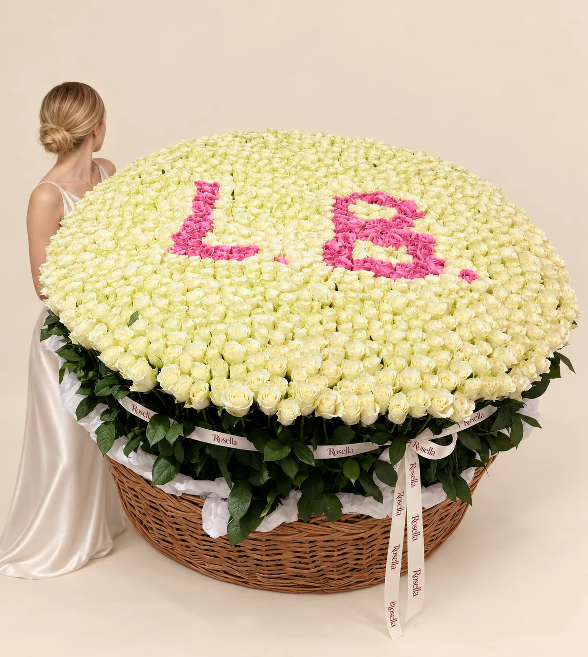 780 cream roses & 75 pink roses in a basket