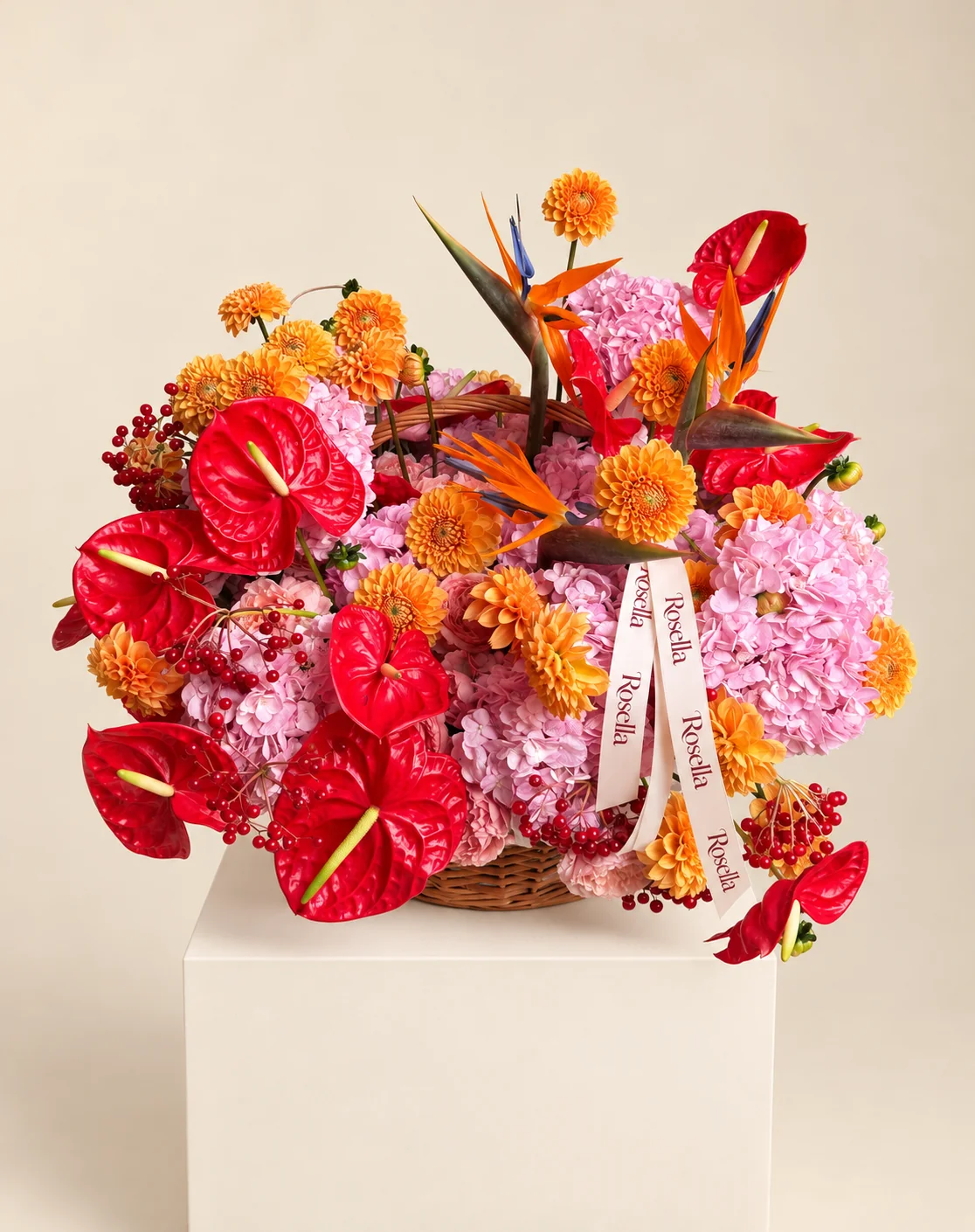 26 dahlias, 10 hydrangeas, 11 anthuriums, 3 bird of paradise & 8 carnations in a basket
