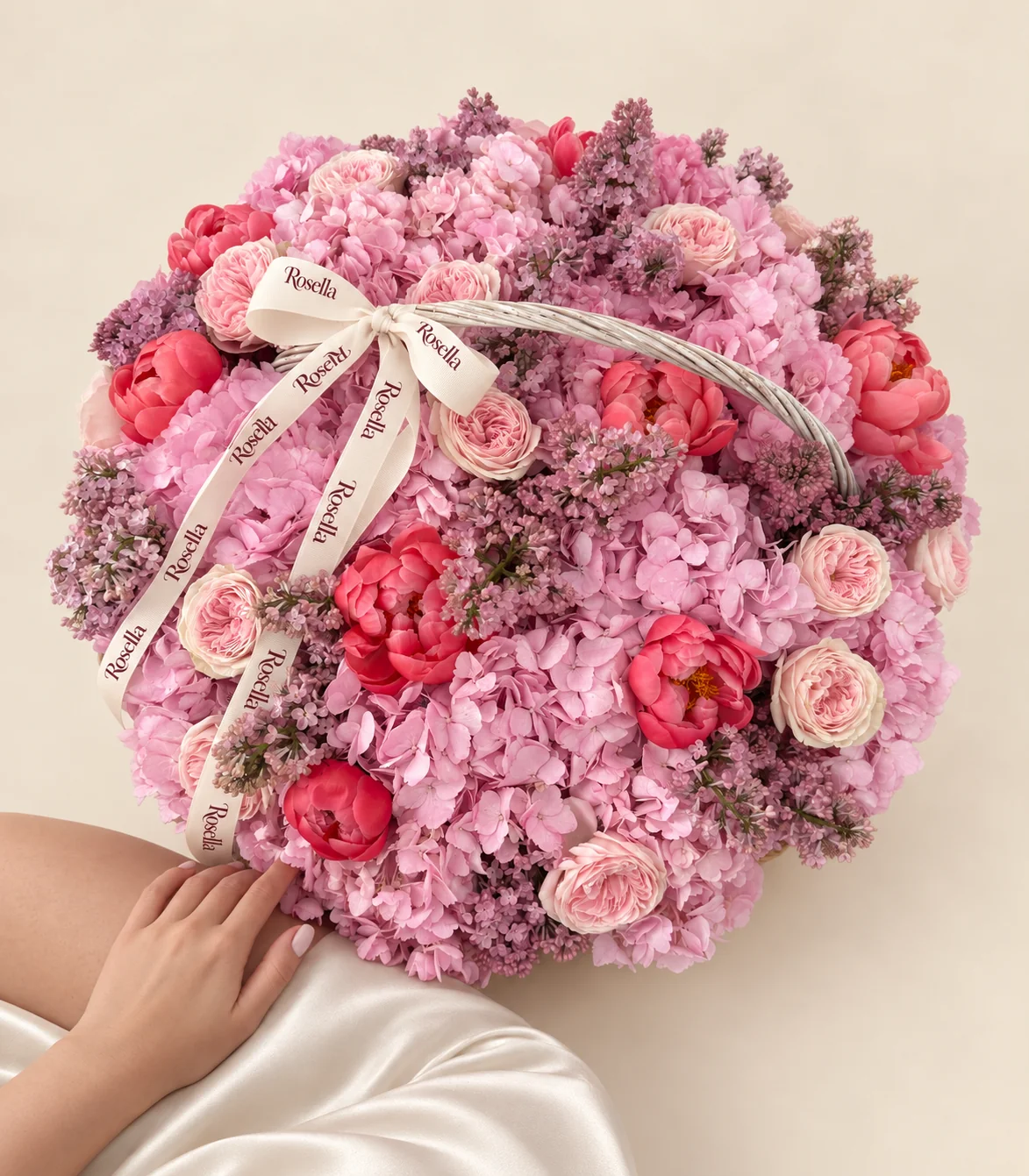 650 pink-lavender lilac, 14 hydrangeas, 15 garden roses & 10 peonies in a basket