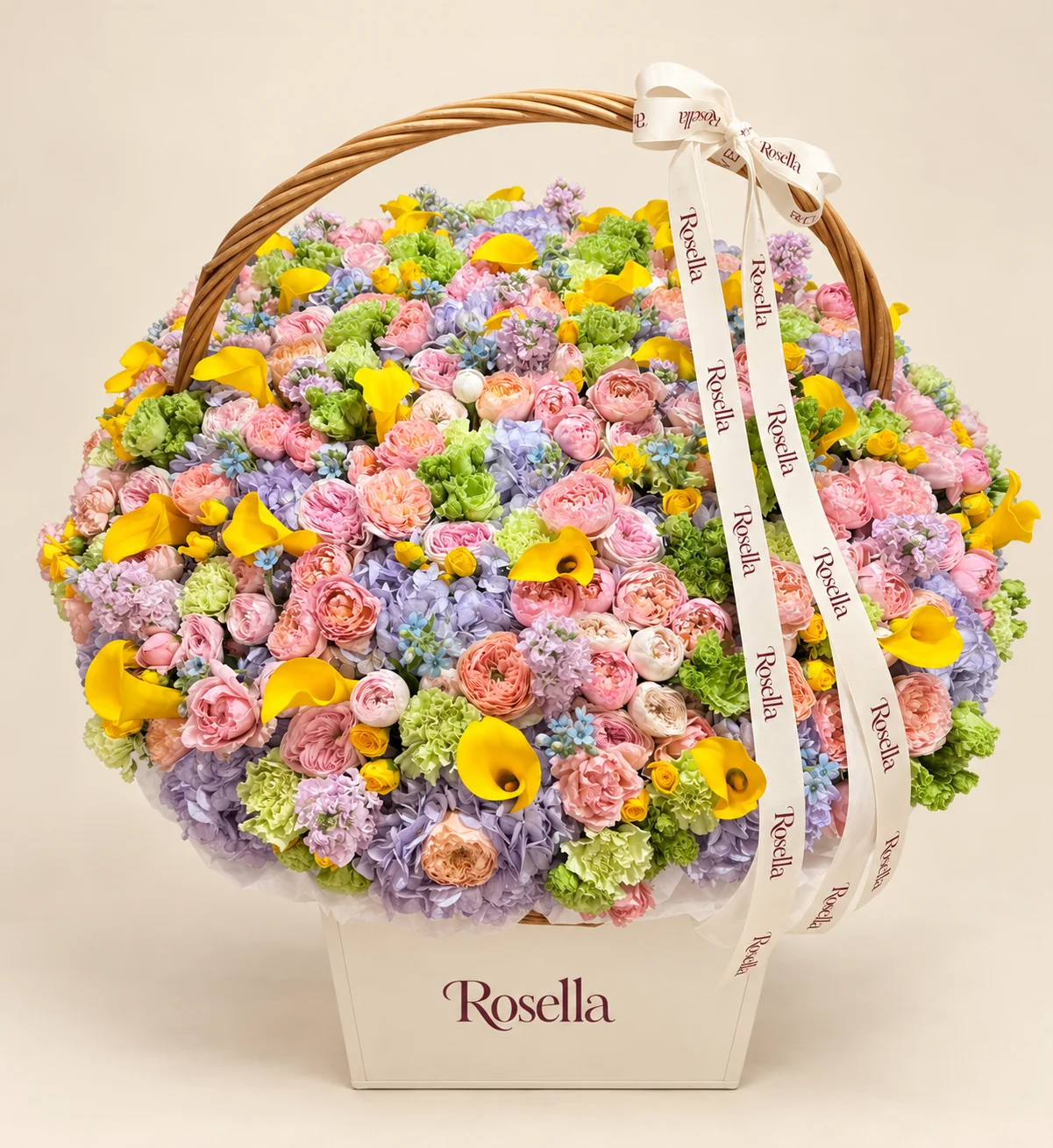56 pink garden roses, 23 hydrangeas, 39 peach garden roses, 54 carnations, 32 callas, 42 spray roses, 9 stocks, 90 tweedia blooms, 6 white ranunculus & 1 pink ranunculus in a basket