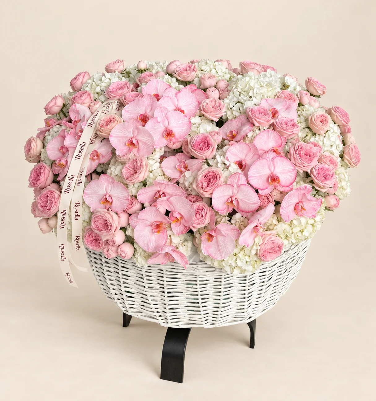 65 garden roses, 23 hydrangeas & 30 orchid blooms in a basket