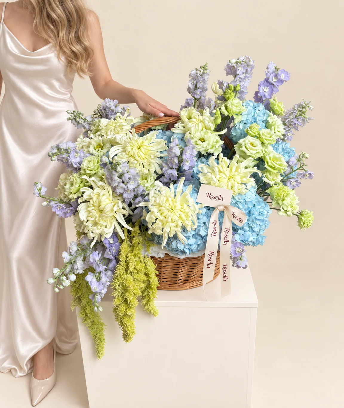 7 hydrangeas, 9 delphiniums, 8 chrysanthemums & 26 lisianthus blooms in a basket