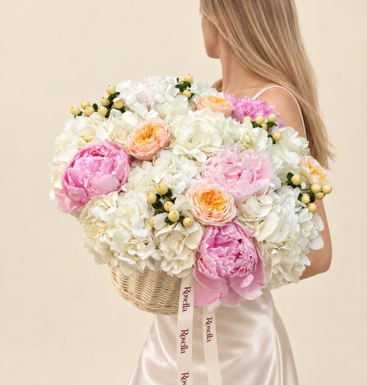 10 hydrangeas, 5 garden roses, 4 pink peonies, 1 blush peony & 1 white peony in a basket
