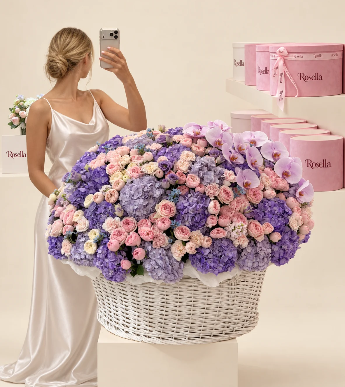 17 purple hydrangeas, 34 garden roses, 9 lavender hydrangeas, 39 pink spray roses, 13 orchid blooms, 10 pink carnations, 9 cream carnations, 40 tweedia blooms, 10 cream spray roses, 12 lisianthus blooms & 1 stock in a basket