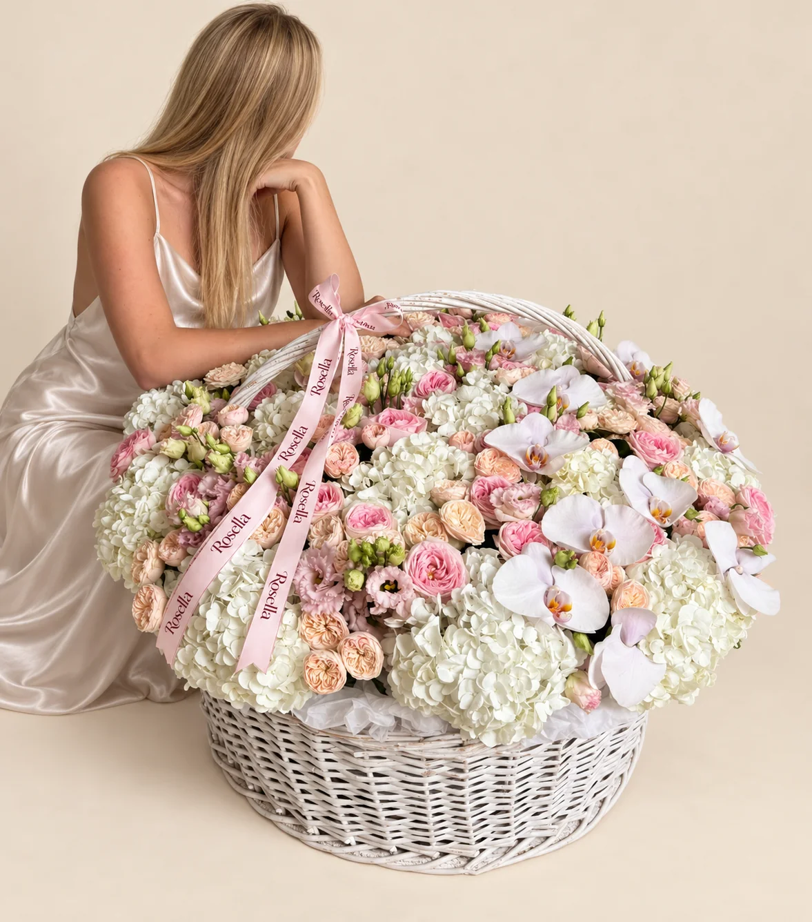 18 hydrangeas, 20 garden roses, 52 spray roses, 12 orchid blooms & 16 lisianthus blooms in a basket