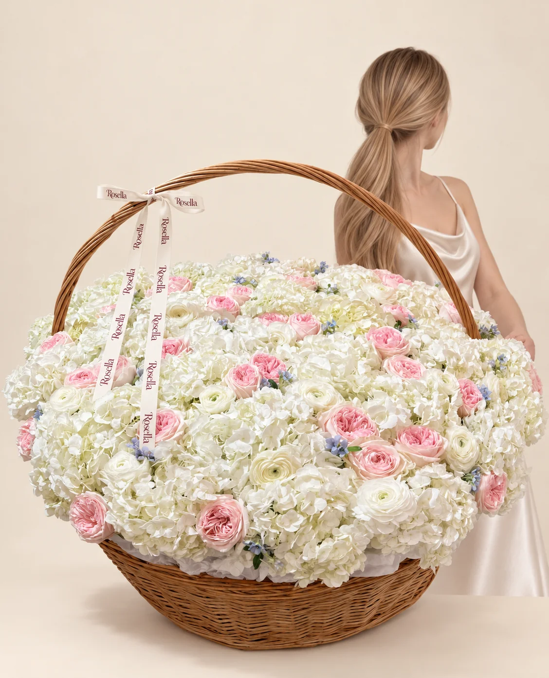36 hydrangeas, 34 garden roses, 15 ranunculus & 45 tweedia blooms in a basket