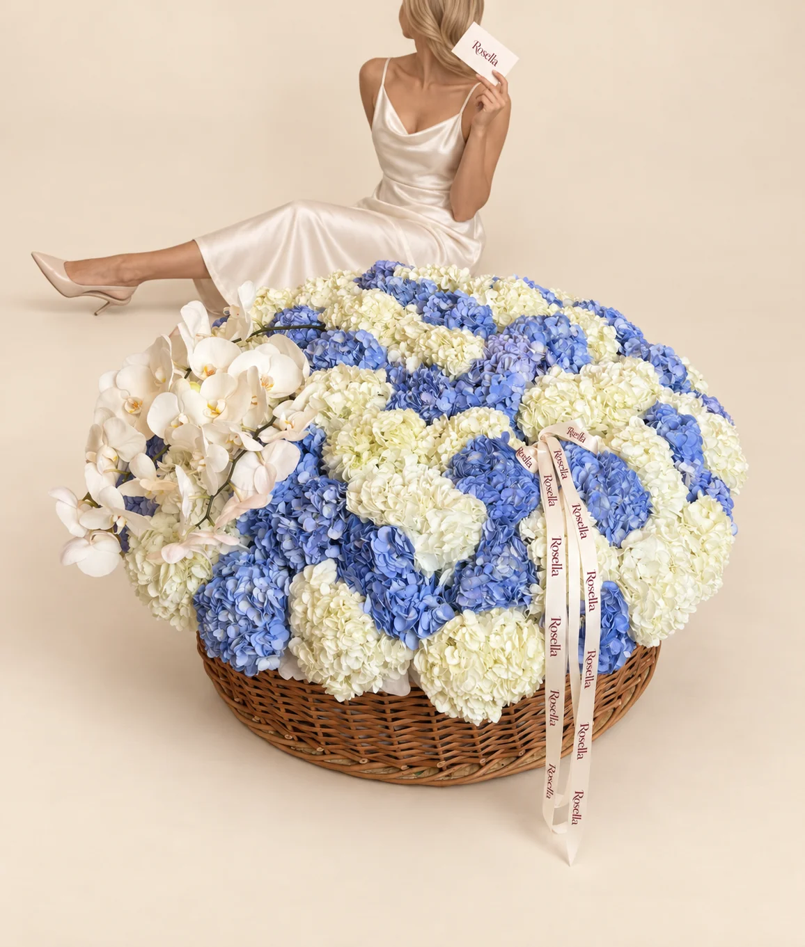 31 blue hydrangeas, 29 ivory hydrangeas & 21 orchid blooms in a basket